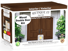 Retique It® Wood'n Finish Double Front Door Kit in Dark Oak stain, showing the finished double door with wood grain details.