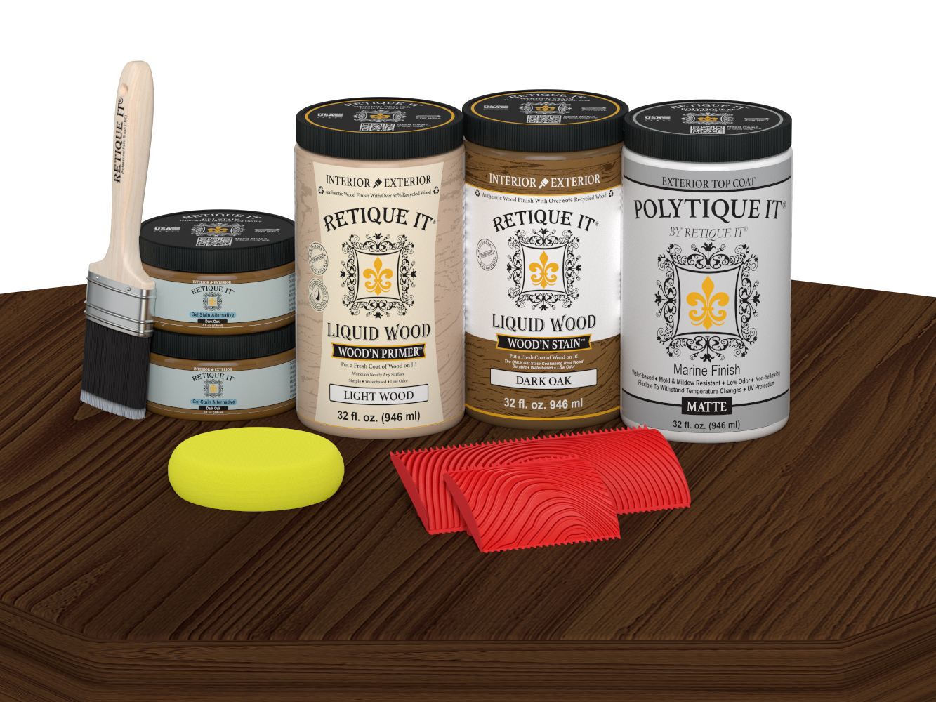 Retique It® Wood'n Finish Front Door Kit in Dark Oak stain, featuring double doors with matte finish on a table display.