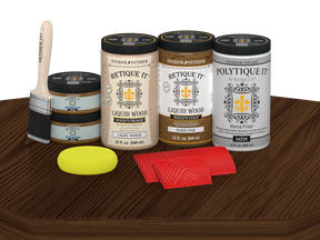 Retique It® Wood'n Finish double front door kit in Dark Oak stain with satin finish, shown on a table.