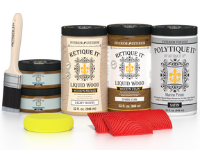 Large Dark Oak Wood'n Finish Kit by Retique It® with exterior top coat, includes wood finish and application tools in a ready-to-use package.