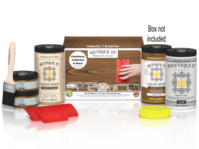 Large Dark Oak Wood'n Finish Kit by Retique It® with exterior top coat, includes brushes and application tools in a box.