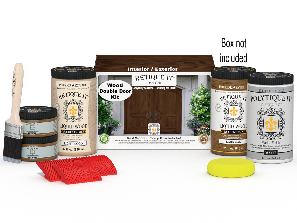 Retique It® Wood'n Finish Double Front Door Kit in Dark Oak stain with natural wood grain and hardware details.