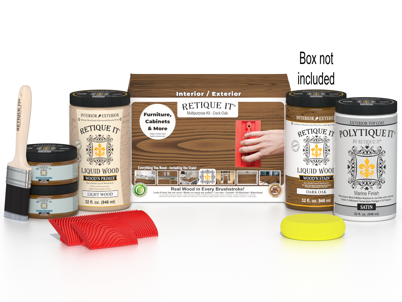 Large Dark Oak Wood'n Finish Kit by Retique It® with exterior top coat and applicator brush in a clear plastic box.