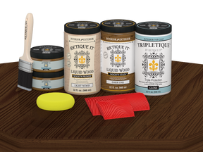Dark oak Wood'n Cabinet Kit by Retique It® with 12 grained stain doors, glossy finish, shown on a table.