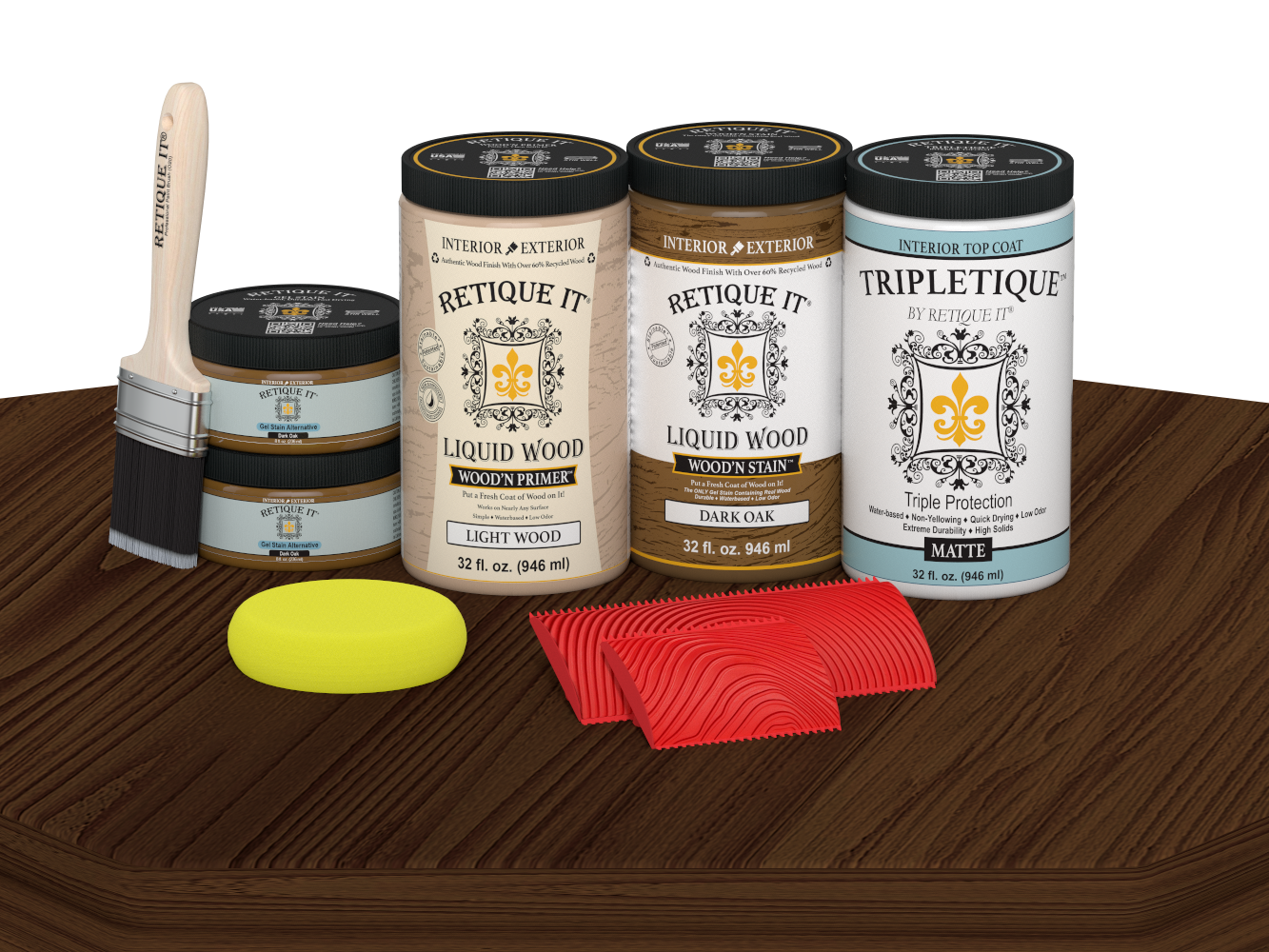 Retique It® Wood'n Finish Kit in Dark Oak stain with four large bottles, matte wood finish on a tabletop.