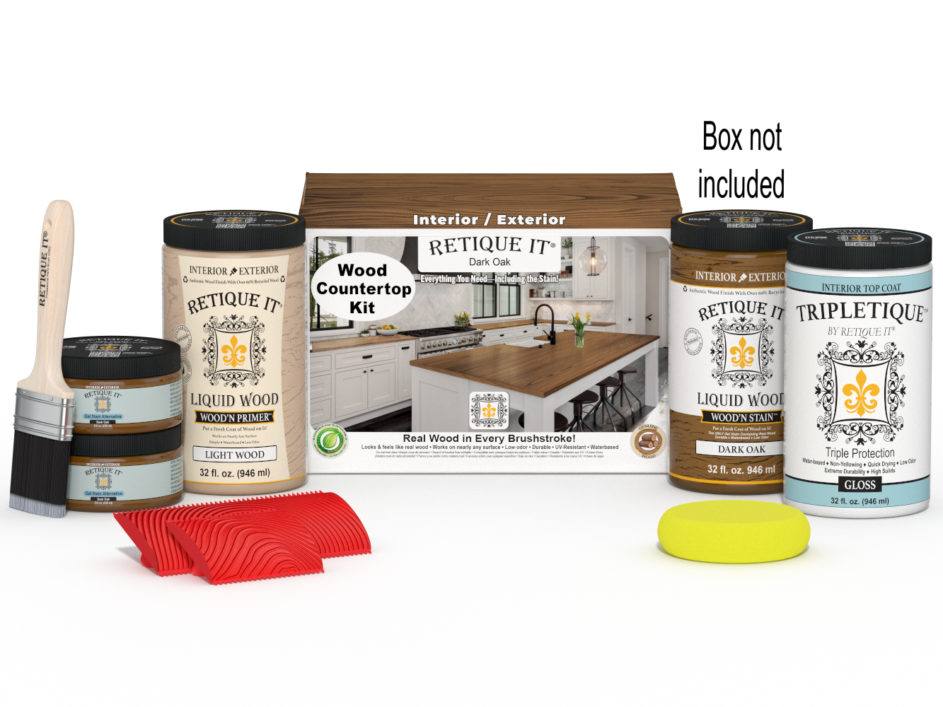 Retique It® dark oak countertop kit with stain, featuring a full kitchen countertop setup with natural wood grain and dark finish.