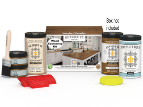 Retique It® dark oak countertop kit with stain, featuring a full kitchen countertop setup with natural wood grain and dark finish.