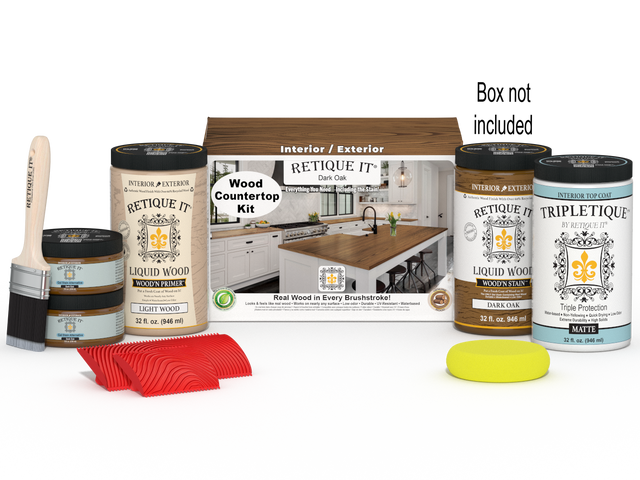 Dark oak countertop kit from Retique It, featuring stain supplies and tools for full kitchen countertop renovation.