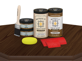 Retique It® Wood'n Finish Front Door Kit (Double) in Dark Oak stain, showing the stained wooden double door on a table.