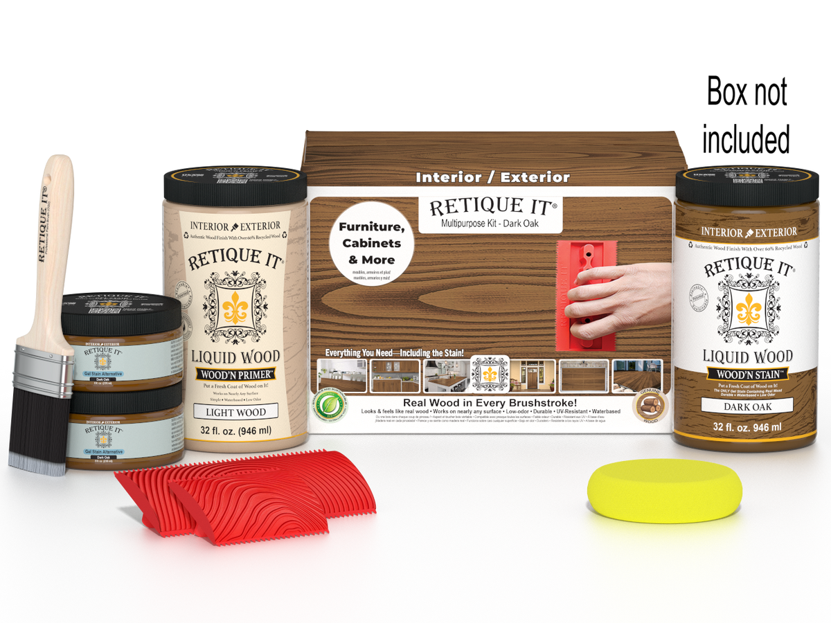 Large Dark Oak Wood'n Finish Kit by Retique It® with wood stain and finishing tools for multi-purpose wood projects.