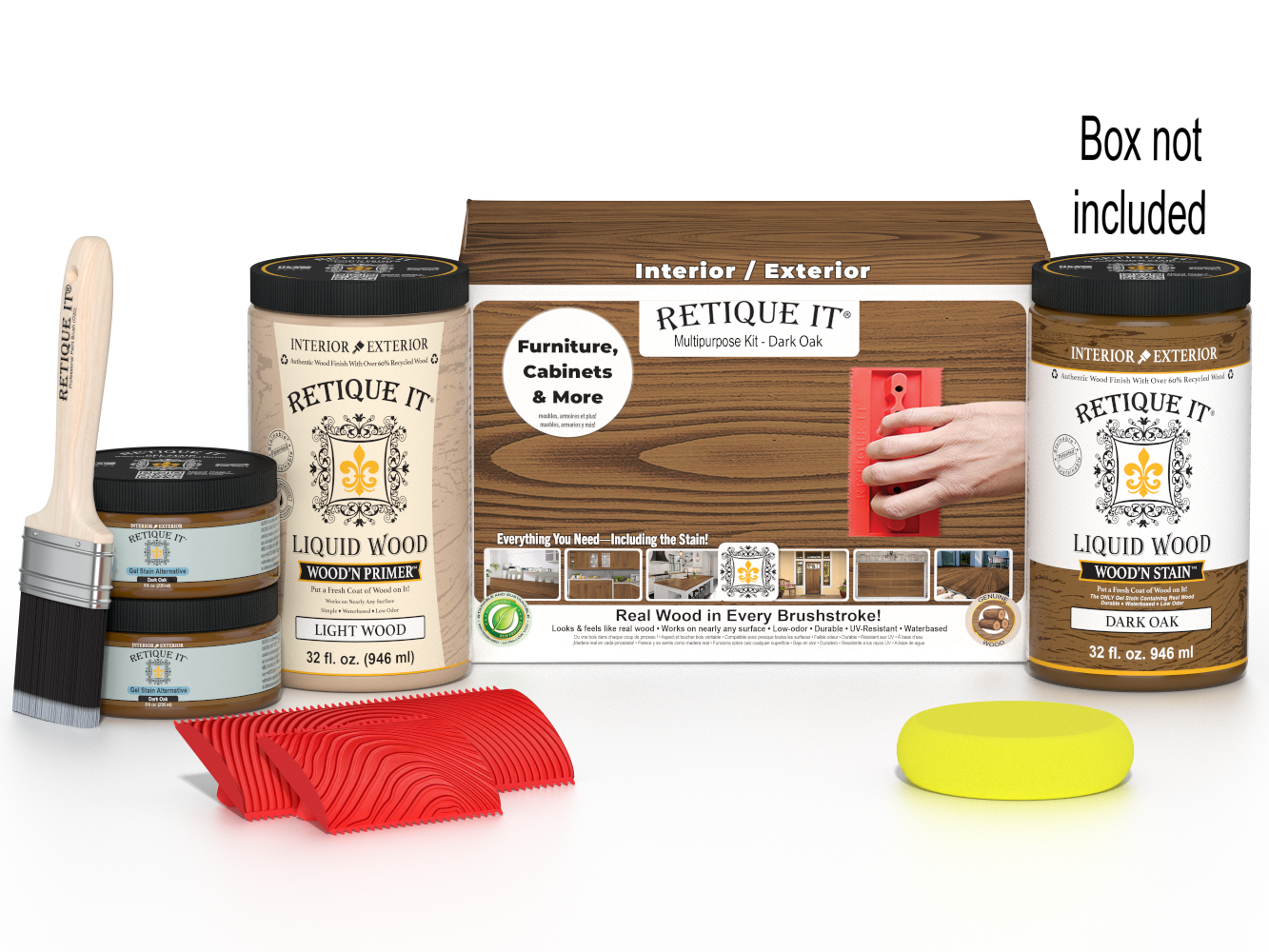 Large Dark Oak Wood'n Finish Kit by Retique It® with wood stain and finishing tools for multi-purpose wood projects.