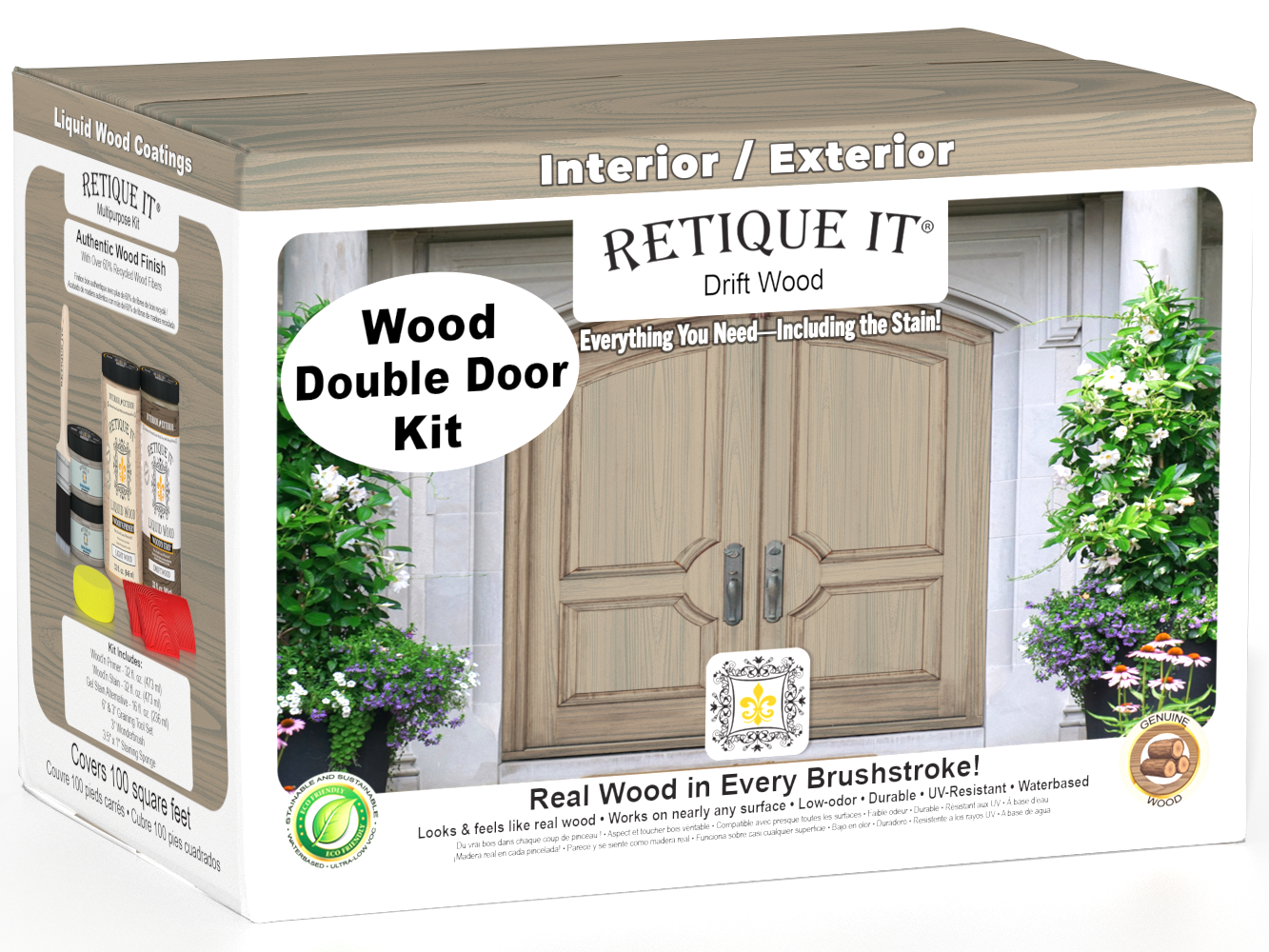Double front door stained with Drift Wood wood stain by Retique It, showcasing a natural wood finish and double door design.