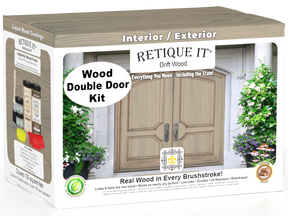 Double front door stained with Drift Wood wood stain by Retique It, showcasing a natural wood finish and double door design.