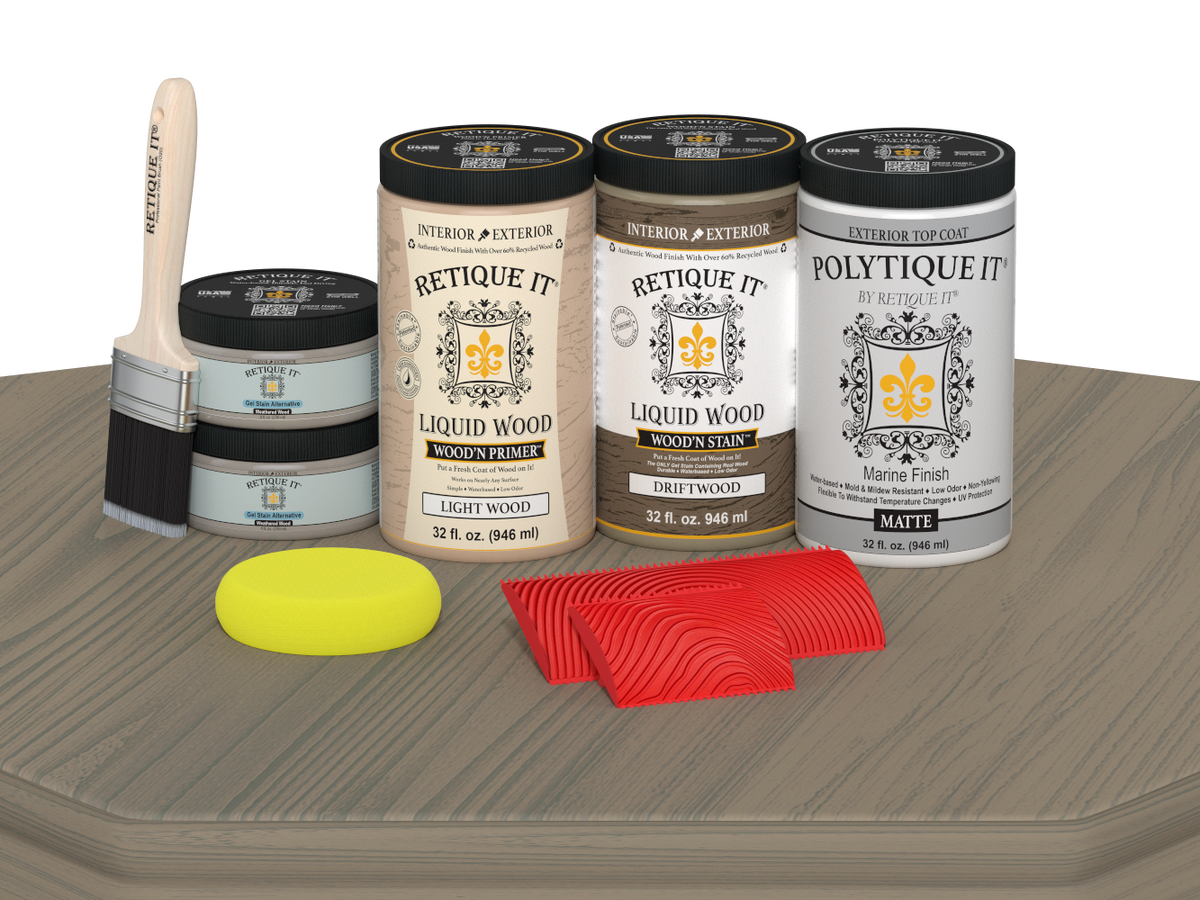 Retique It Wood'n Finish double front door kit in drift wood stain with matte finish, displayed on a table.