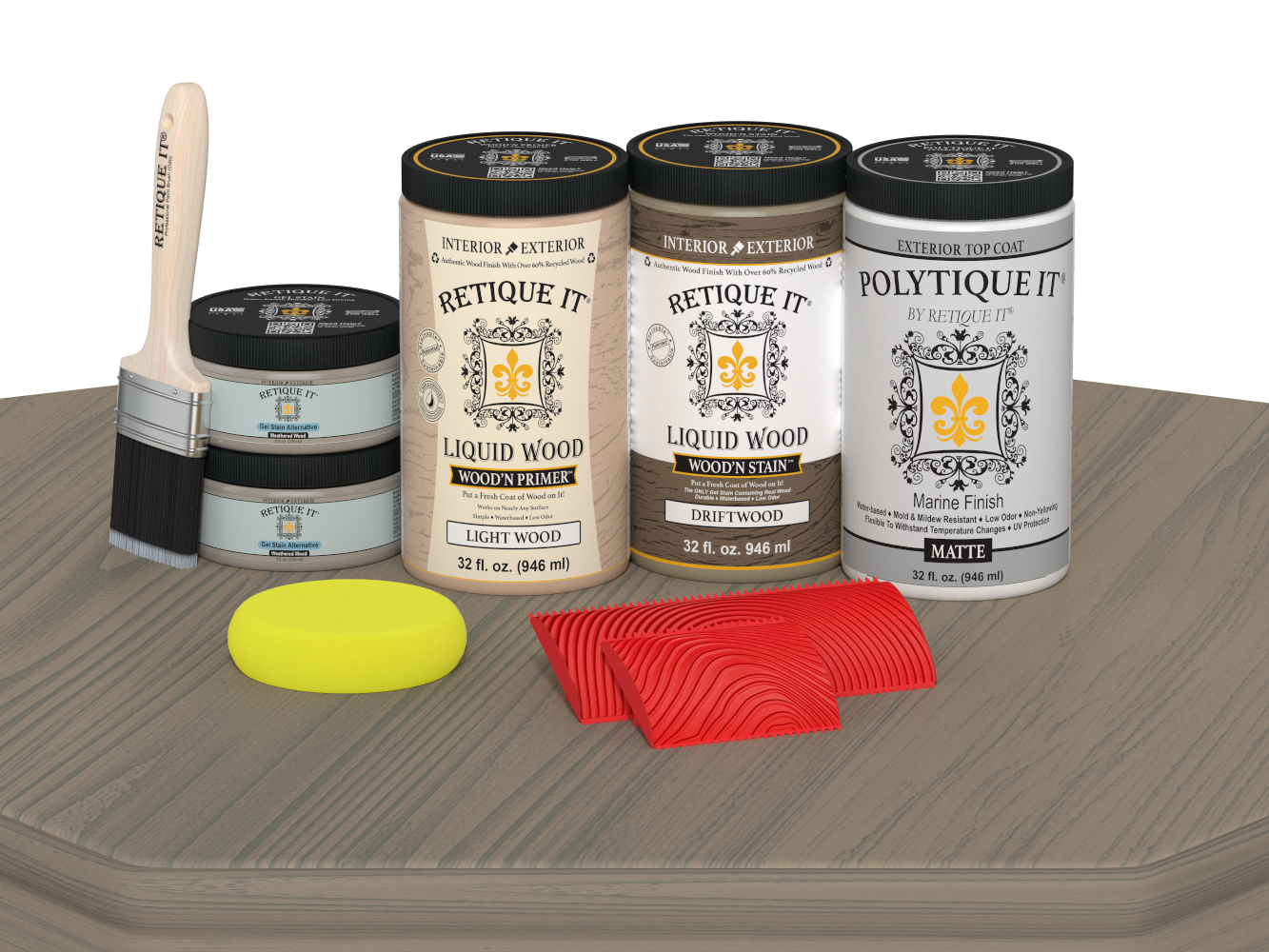 Retique It Wood'n Finish double front door kit in drift wood stain with matte finish, displayed on a table.