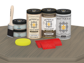 Retique It Wood'n Finish double front door kit in drift wood stain with matte finish, displayed on a table.