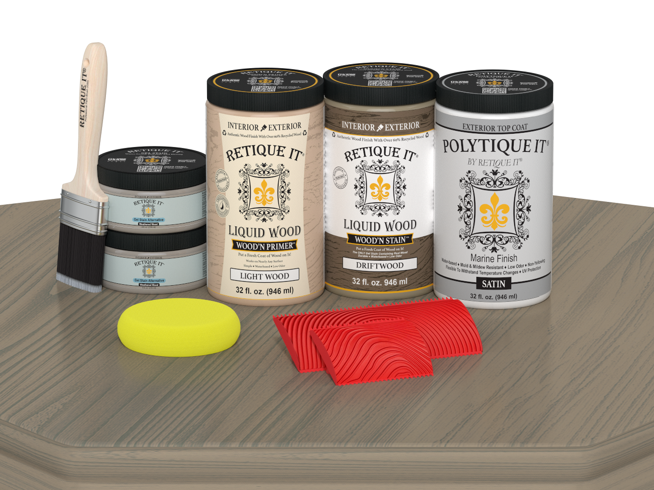 Retique It Wood'n Finish Double Front Door Kit in Drift Wood stain with satin finish, displayed on a table.