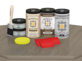 Retique It Wood'n Finish Double Front Door Kit in Drift Wood stain with satin finish, displayed on a table.