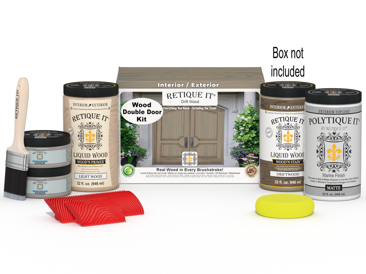 Double front door stained with Drift Wood finish from Retique It Wood'n Finish kit, showcasing natural wood grain and color.