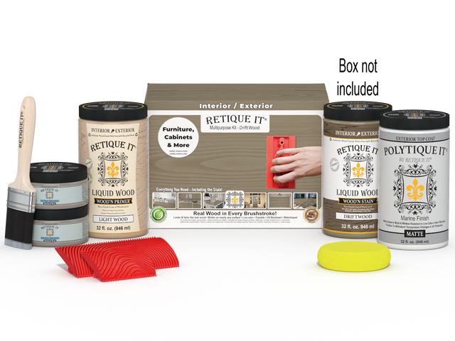 Large Wood'n Kit by Retique It featuring driftwood finish and exterior top coat, displayed with application tools and packaging.