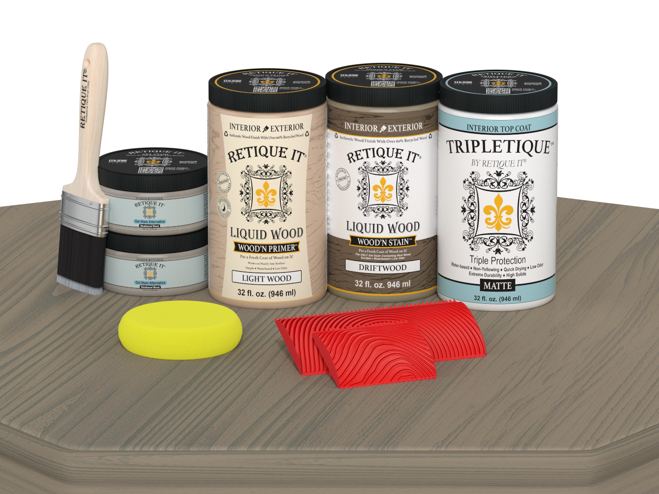 Retique It Wood'n Finish Kit in Drift Wood with four large stains, featuring matte finish on a tabletop surface.