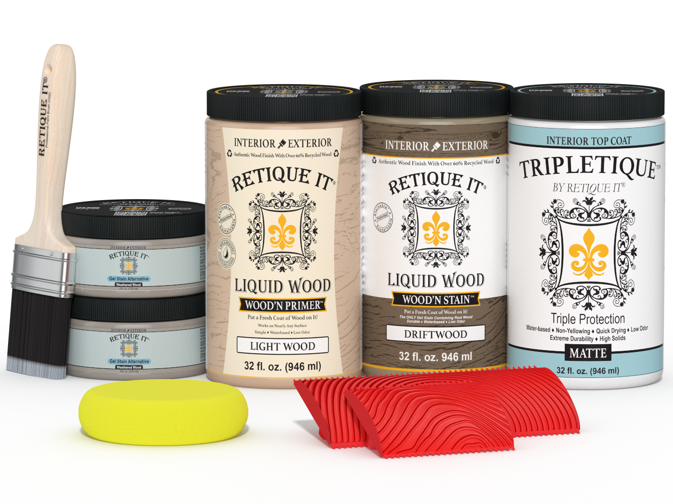 Retique It Wood'n Finish Kit with four large driftwood-colored stain bottles for tabletop wood projects in matte finish.