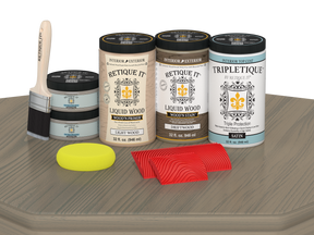 Retique It Wood'n Finish Kit with four large driftwood stain jars, satin finish, for tabletop wood furniture.
