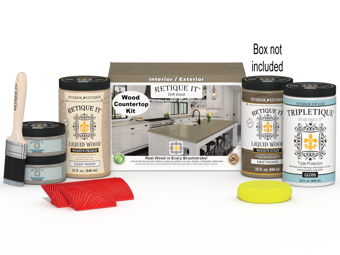 Retique It® full countertop kit in drift wood stain for kitchen surfaces, includes stain and application tools for a natural wood look.