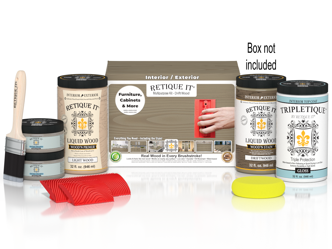 Large Wood'n Kit by Retique It® featuring driftwood finish and interior top coat, includes components for wood finishing projects.