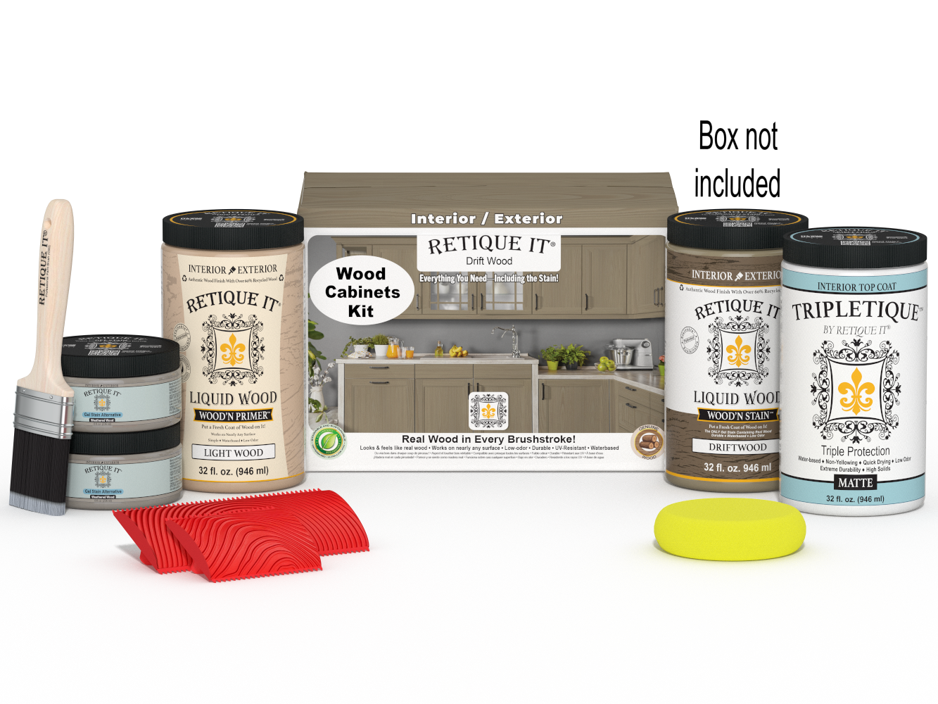 Retique It® Drift Wood countertop stain kit for full kitchen cabinets, featuring natural wood finish and comprehensive staining supplies.