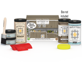 Retique It® Drift Wood countertop stain kit for full kitchen cabinets, featuring natural wood finish and comprehensive staining supplies.