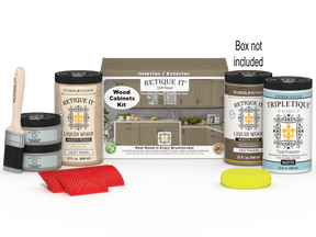Retique It® Drift Wood countertop stain kit for full kitchen cabinets, featuring natural wood finish and comprehensive staining supplies.