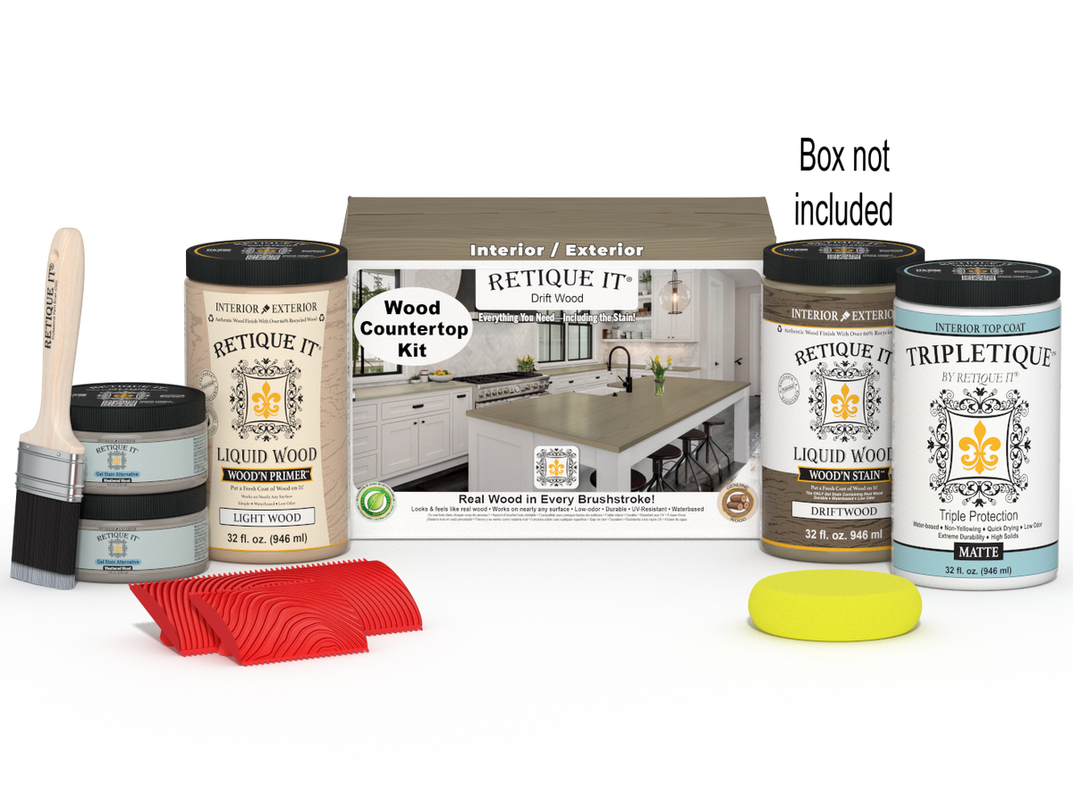 Retique It® Drift Wood countertop kit with paint cans, a brush, and a box on a white background