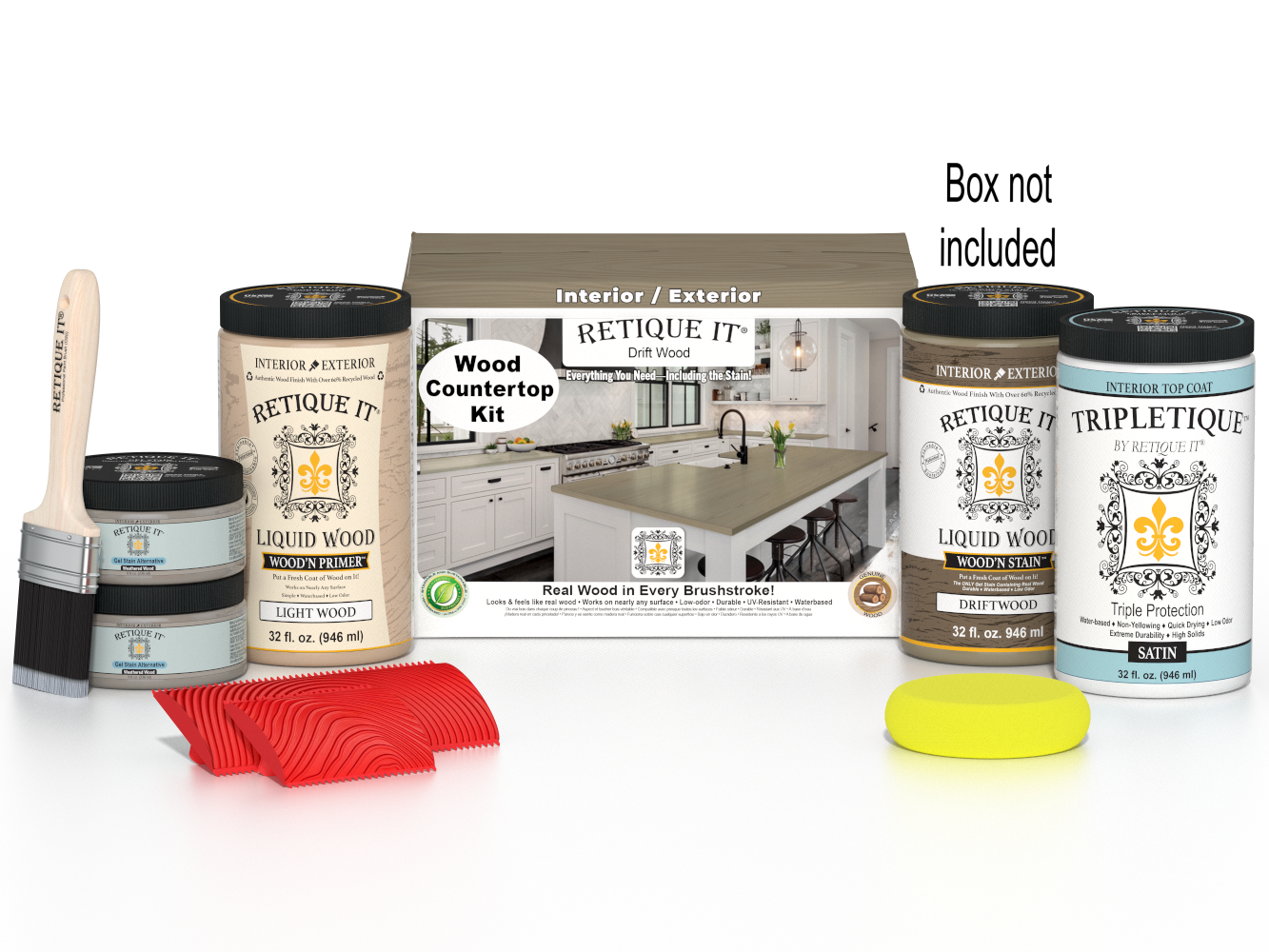 Retique It® Drift Wood countertop kit with stain and tools for full kitchen installation, showing sample and packaging.