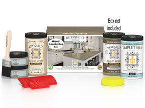 Retique It® Drift Wood countertop kit with stain and tools for full kitchen installation, showing sample and packaging.