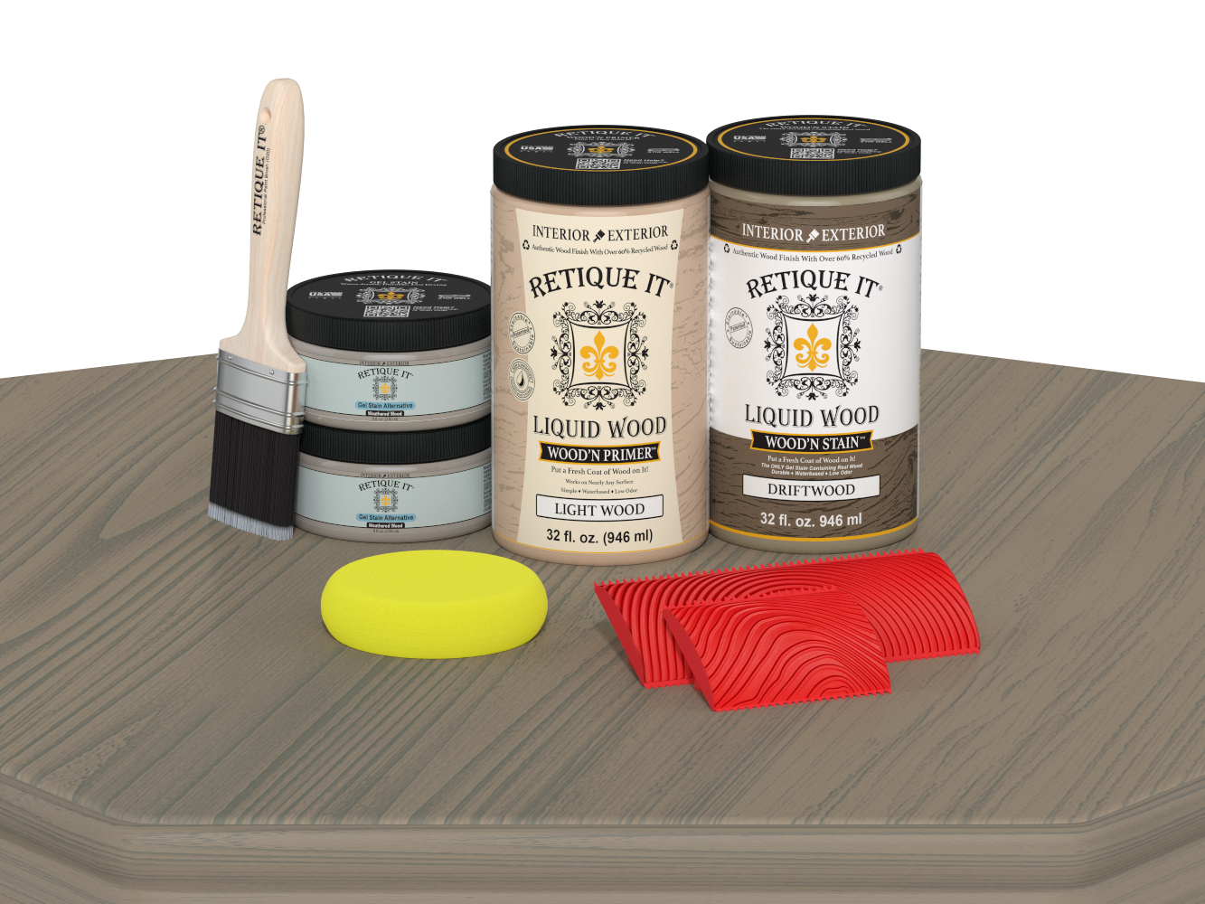 Retique It Wood'n Finish Front Door Kit (Double) in Drift Wood stain, showcasing the stained wooden front door on a table.