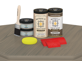Retique It Wood'n Finish Front Door Kit (Double) in Drift Wood stain, showcasing the stained wooden front door on a table.