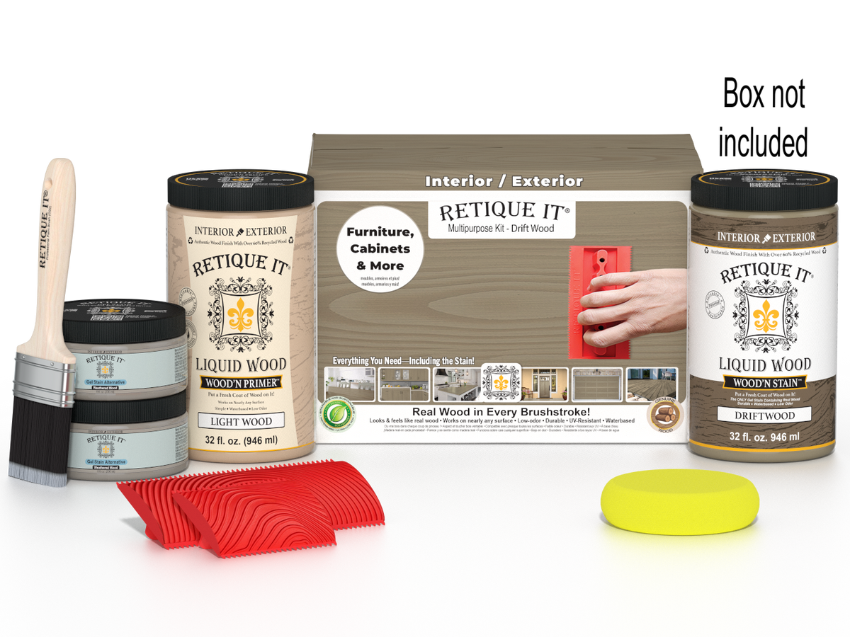 Large Drift Wood Wood'n Finish Kit by Retique It® with wood samples and finishing tools for multi-purpose wood finishing projects.