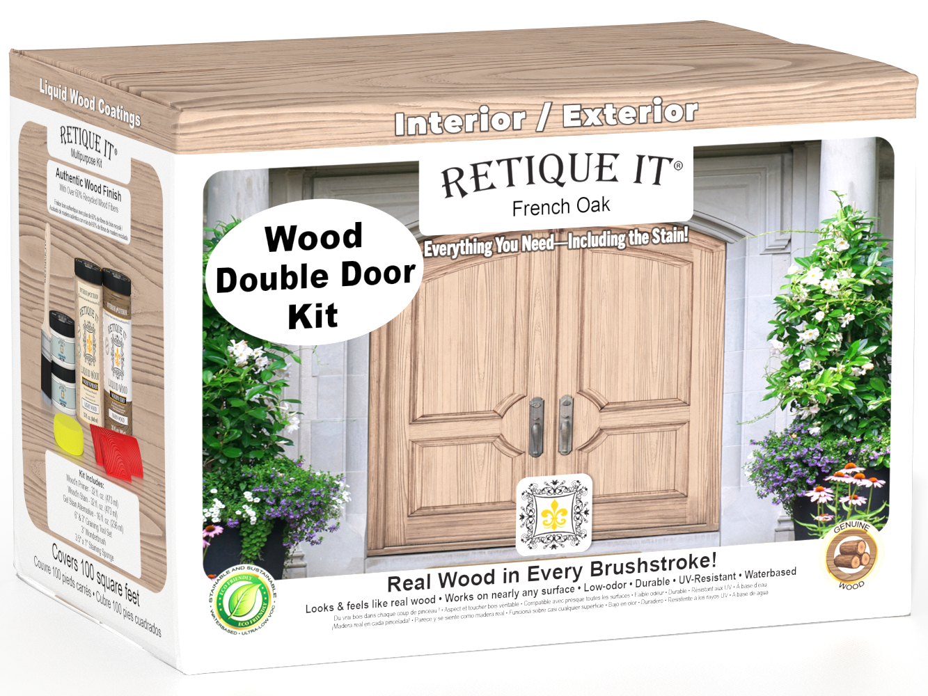 Retique It Wood'n Finish Front Door Kit in French Oak stain, featuring a double door with detailed wood grain and finish.