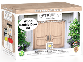 Retique It Wood'n Finish Front Door Kit in French Oak stain, featuring a double door with detailed wood grain and finish.