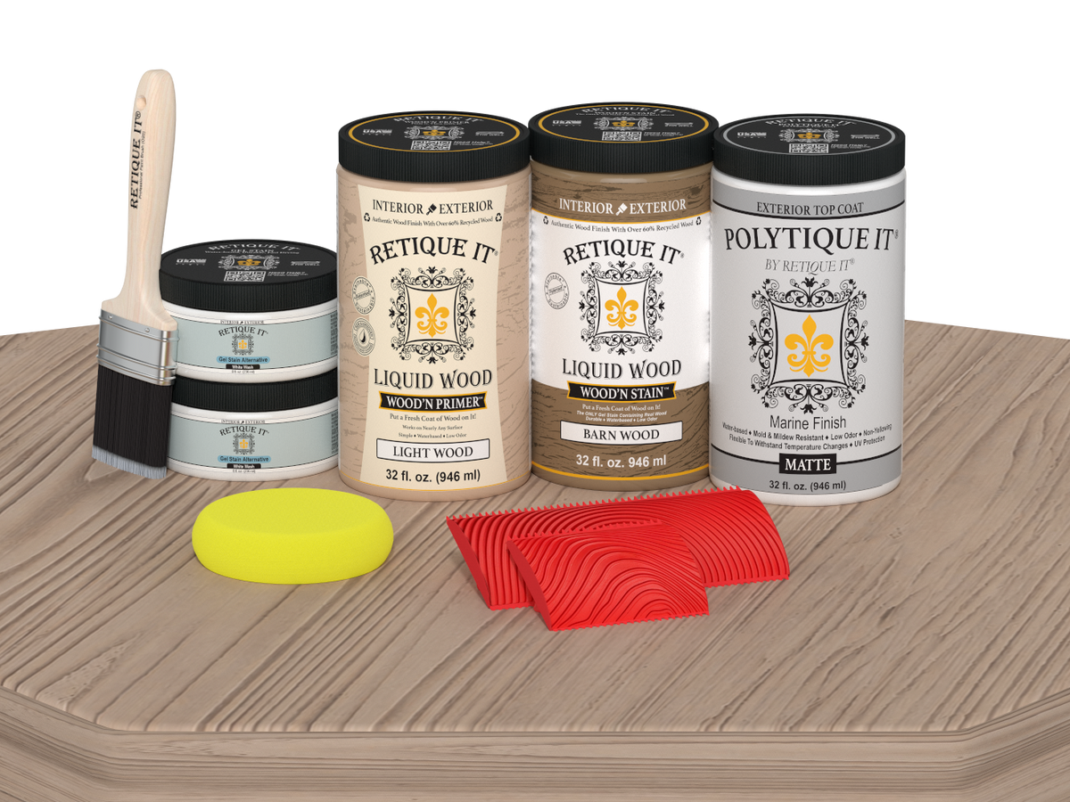 Retique It Wood'n Finish Front Door Kit in French Oak stain, featuring matte stain applied on a double front door.