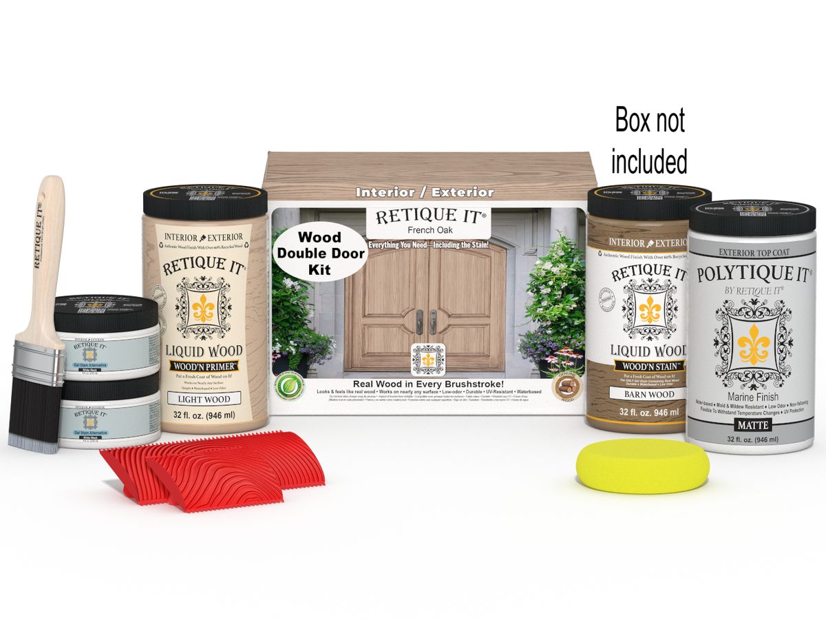 Retique It Wood'n Finish Double French Oak front door kit with stain, showing the door panel and packaging.