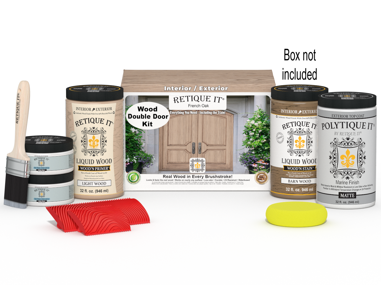 Retique It Wood'n Finish Double French Oak front door kit with stain, showing the door panel and packaging.