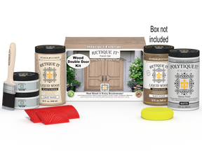 Retique It Wood'n Finish Double French Oak front door kit with stain, showing the door panel and packaging.