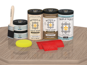 Retique It® Wood'n Cabinet Kit in French Oak stain, featuring a grained wood finish with glossy stain on a cabinet door.