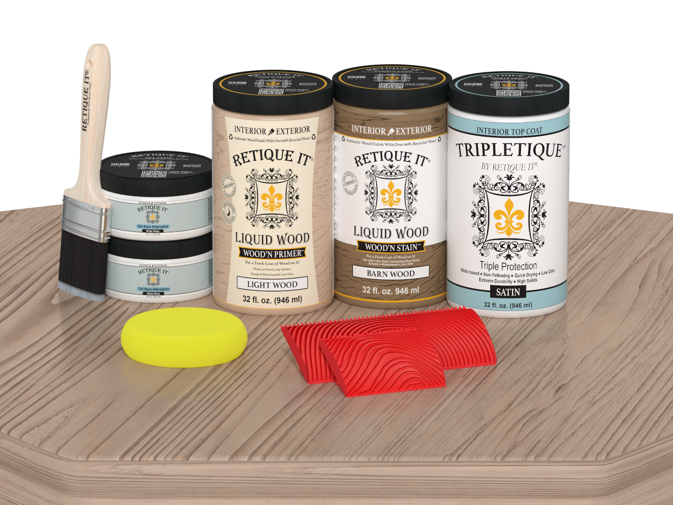 Retique It® French Oak countertop stain kit with satin finish on a kitchen countertop showing wood grain and stain application.