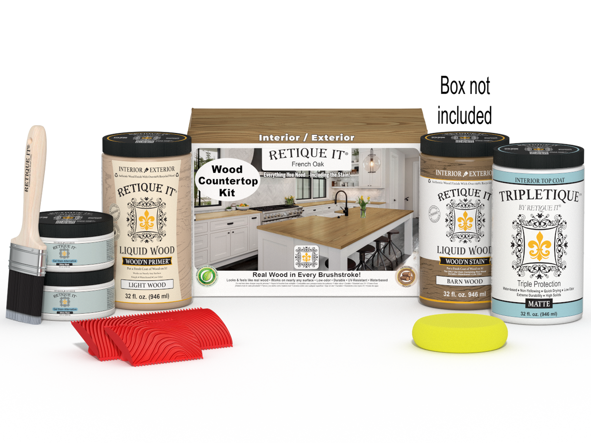 Retique It® French Oak countertop kit with stains, featuring a full kitchen setup and a wooden countertop surface.