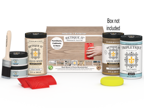 Retique It® French Oak countertop stain kit for full kitchen renovation, featuring stain bottles and application tools.