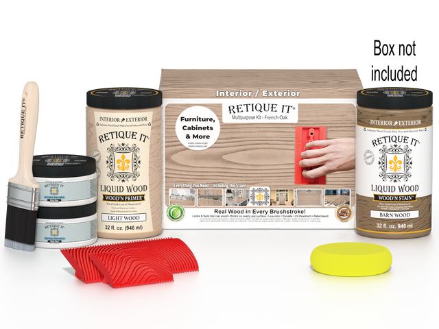 Large French oak Wood'n Finish Kit by Retique It, includes wood stain and finish components in a clear box.