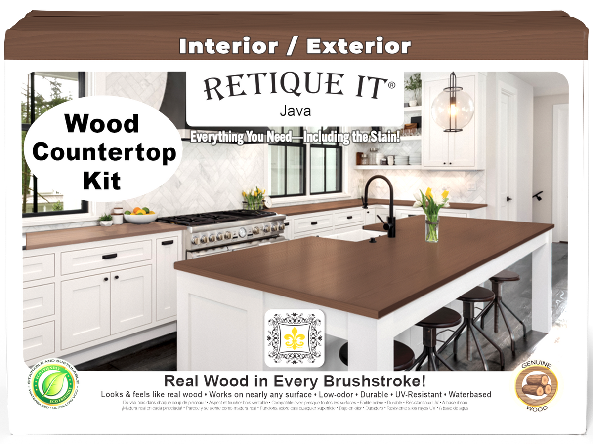Retique It® Java countertop kit with stain, showcasing a full kitchen countertop finished in rich Java color and natural wood grain.